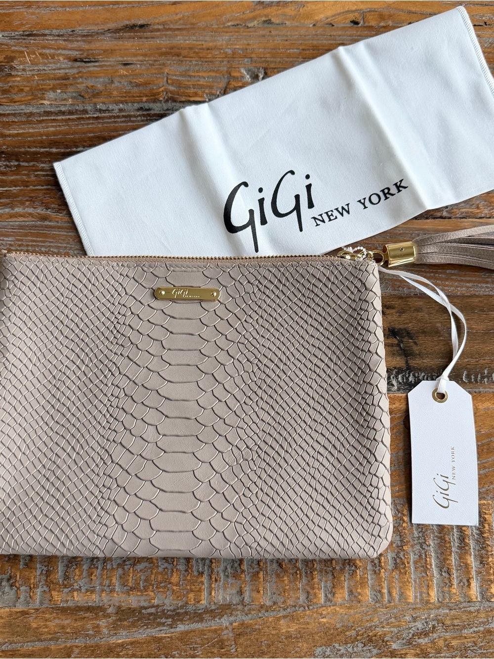 GiGi New York Light Taupe Snake-Embossed Leather Clutch with Tassel - Picture 9 of 15